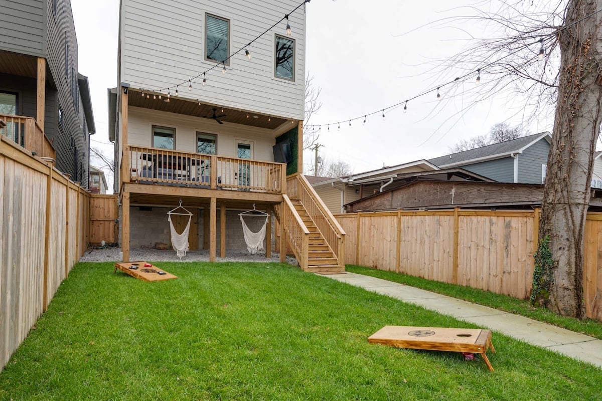 Game on with our cornhole set and additional hammock seating for onlookers 