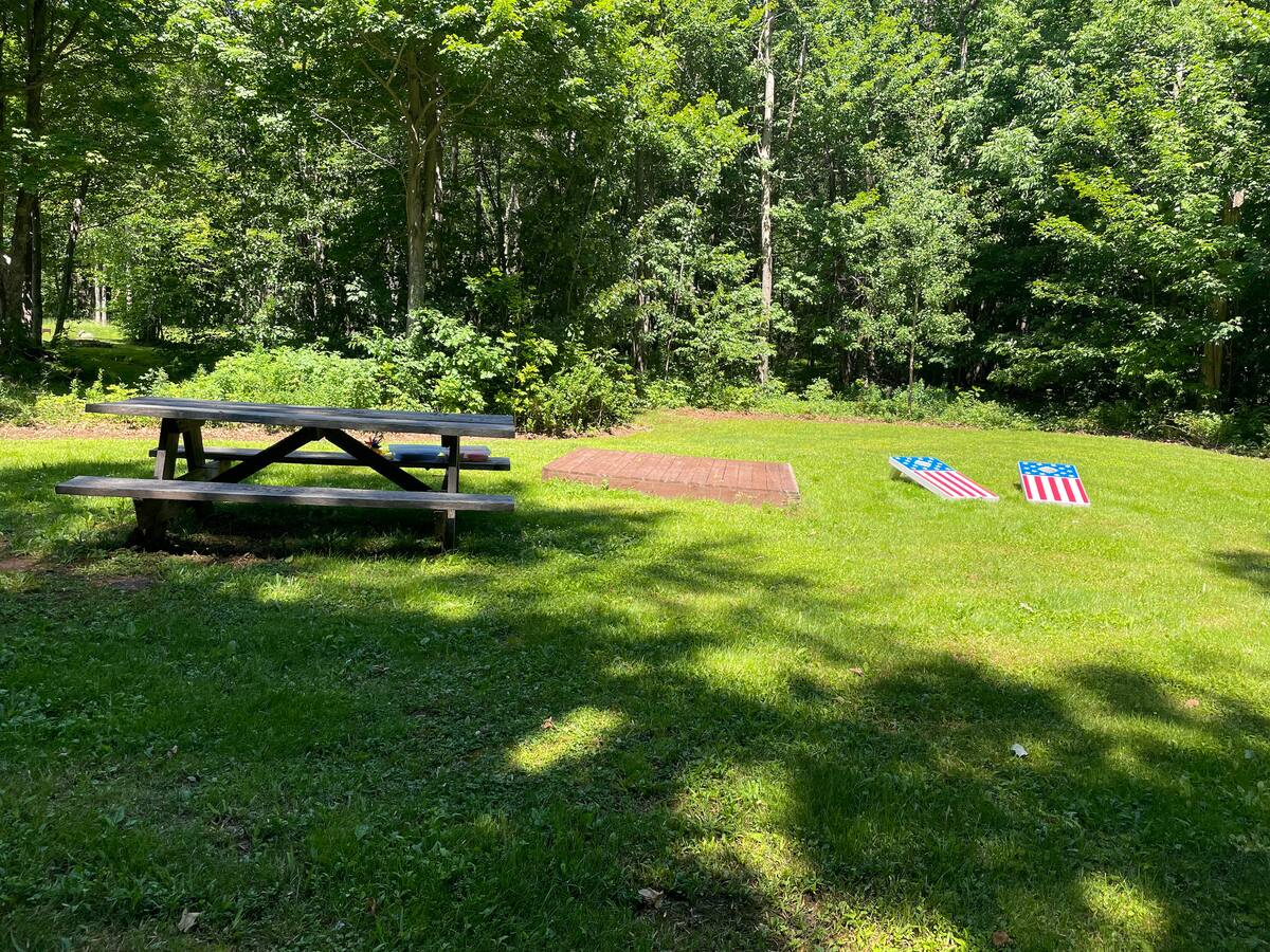 Shaded picnic area with corn hole game, lawn darts and a pad for pitching a tent 