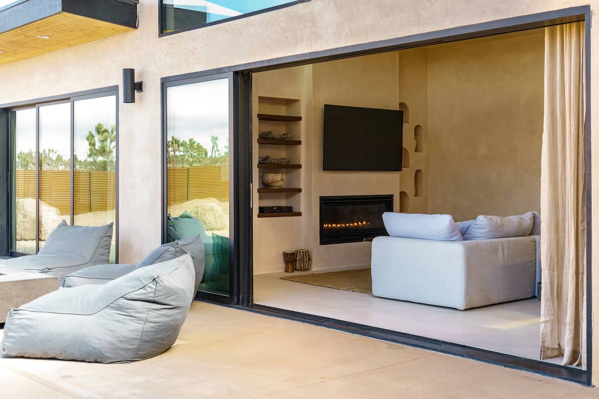 Sliding doors open up the space.