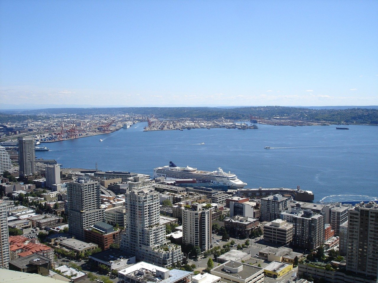 Seattle Space Needle skyline Puget Sound aerial