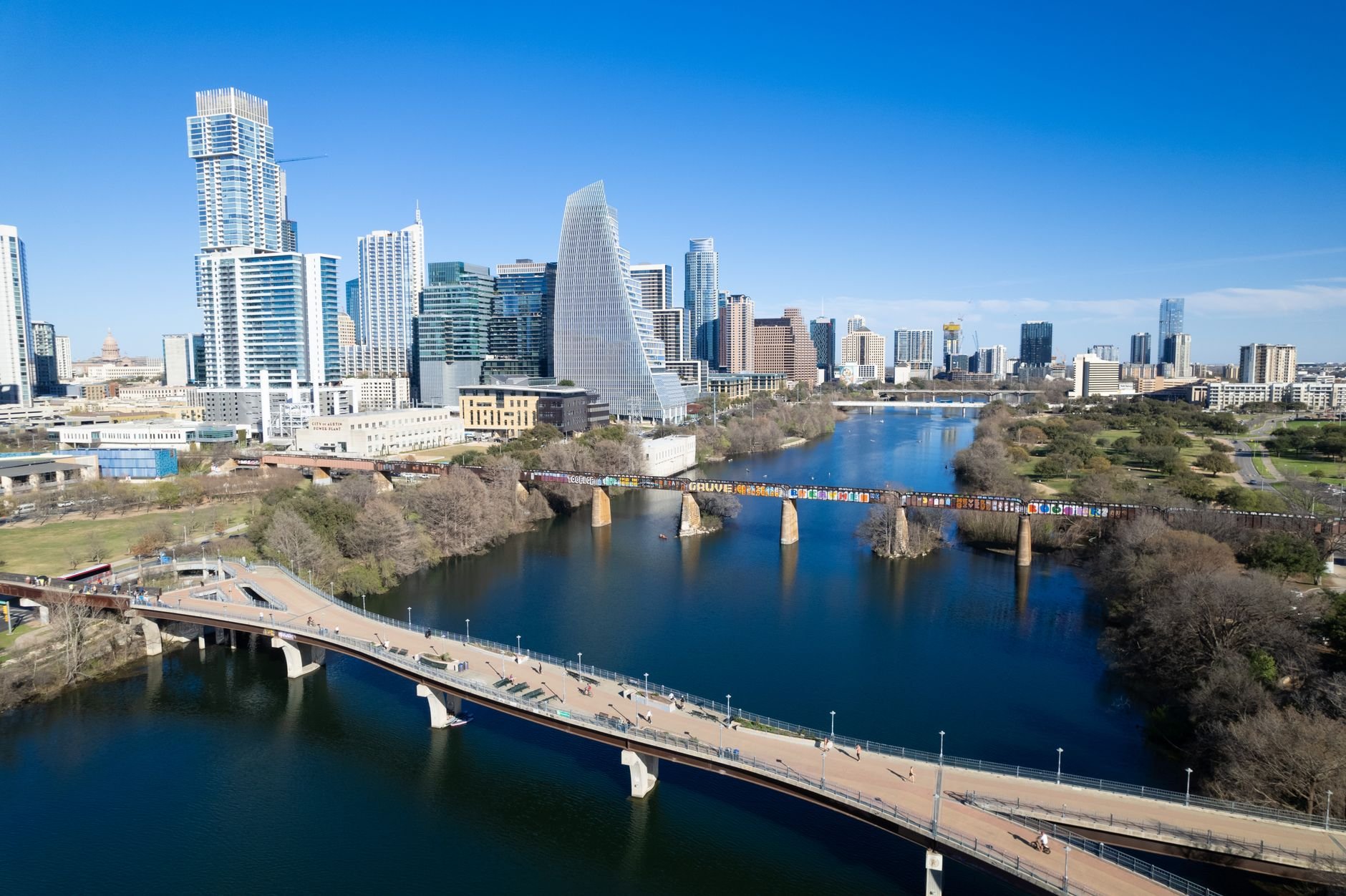 Stunning aerial view of the Austin skyline with bridges spanning the Colorado River.