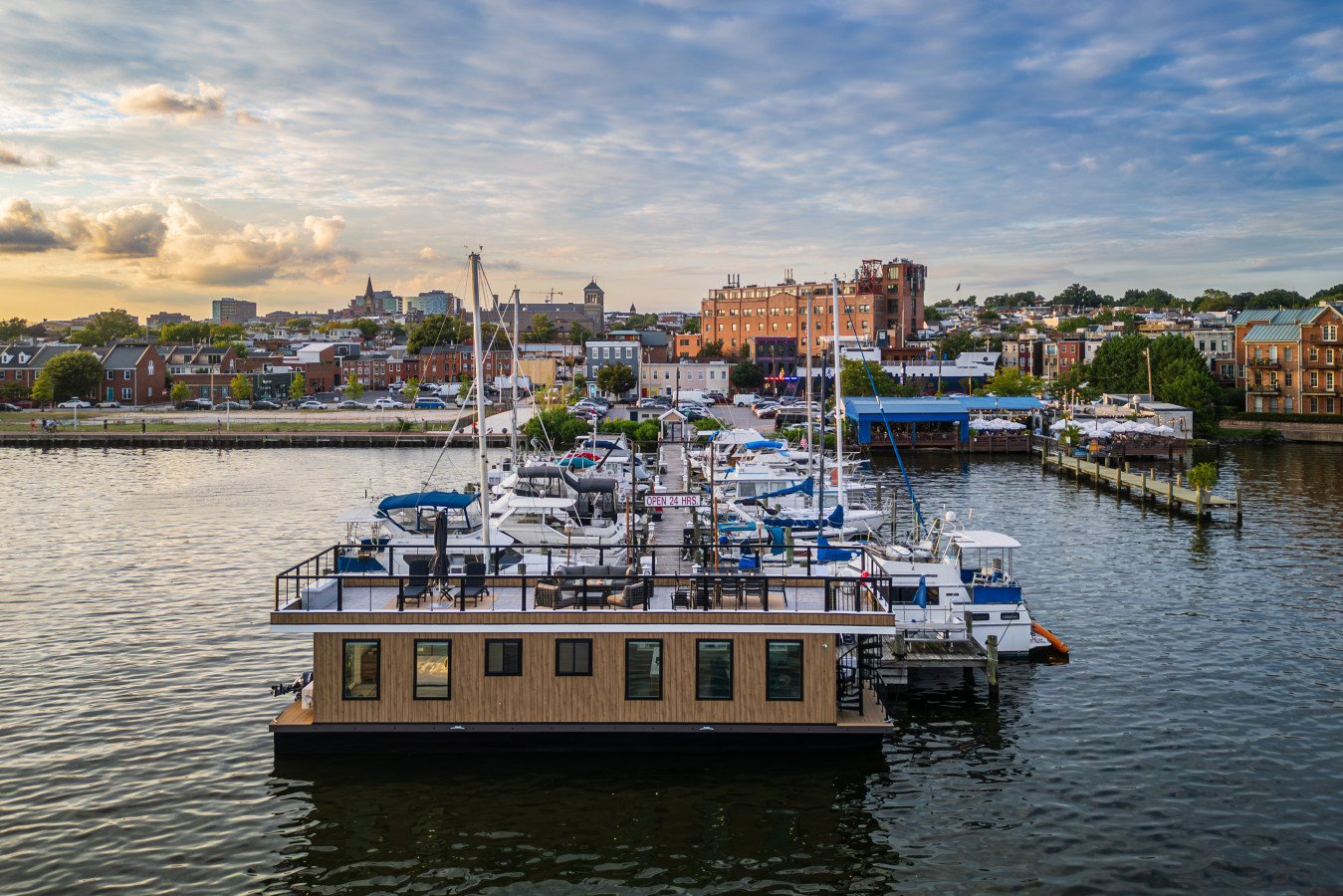 Cobblestone streets and waterfront light in Baltimore's most storied neighborhood in Baltimore, MD