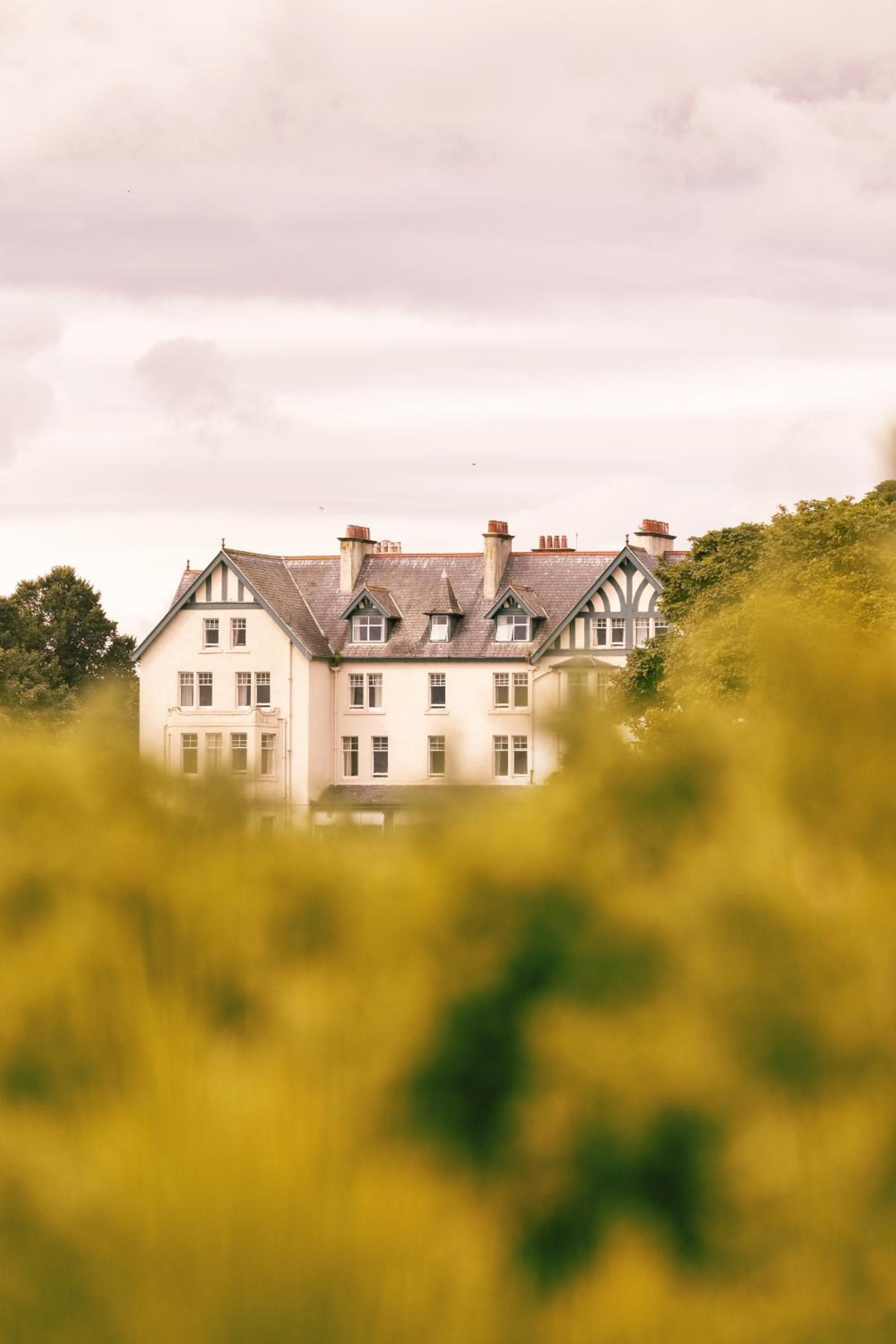 Victorian grandeur emerges through golden gorse blooms, where Dornoch Station's Tudor Revival architecture commands the Highland landscape beneath brooding Scottish skies.