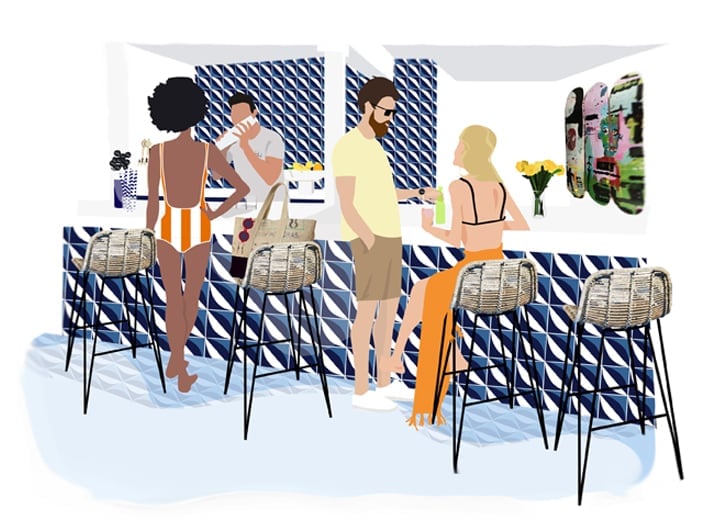 Wicker bar stools line the vibrant blue-tiled counter where guests in swimwear gather for afternoon cocktails, creating an effortlessly chic poolside social hub.