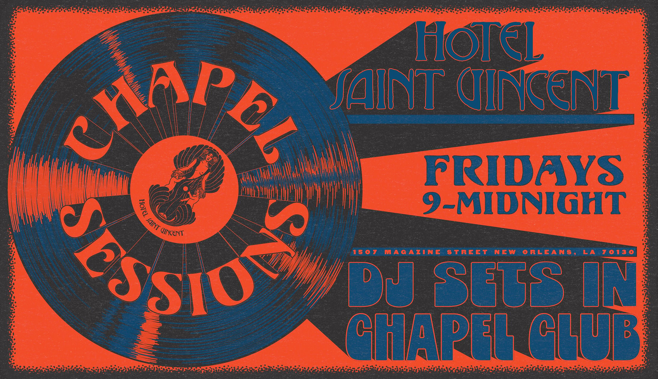 Vinyl records and vintage concert posters create an intimate soundtrack lounge where Chapel Club's DJ sets spin late into New Orleans nights.