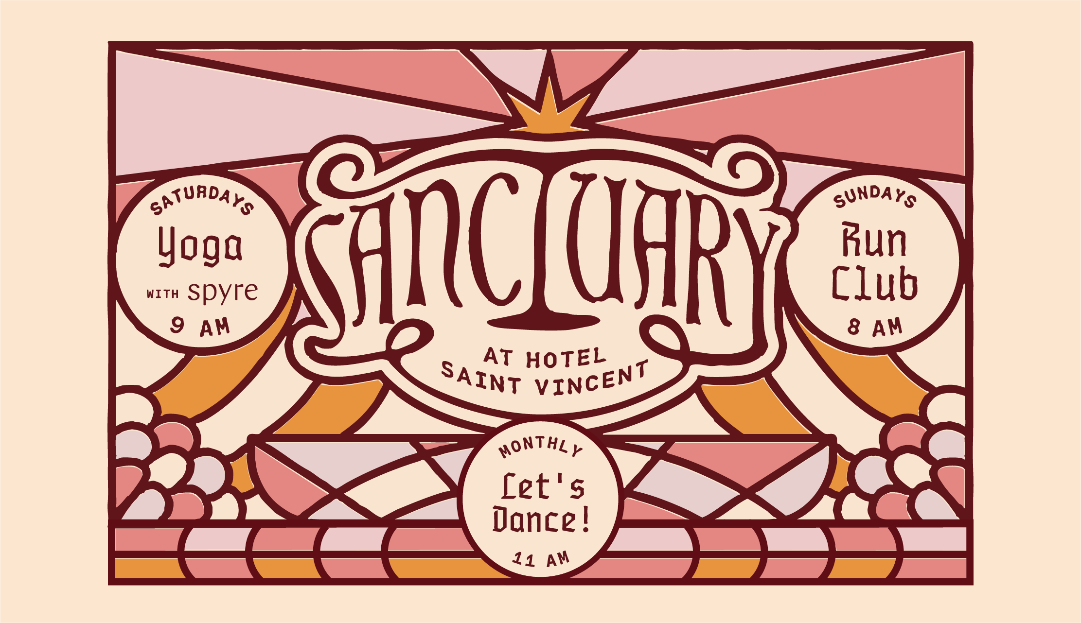 Art nouveau-inspired signage announces weekend wellness rituals and monthly dance parties, reflecting Saint Vincent's playful spirit that transforms a New Orleans hotel into neighborhood gathering place.