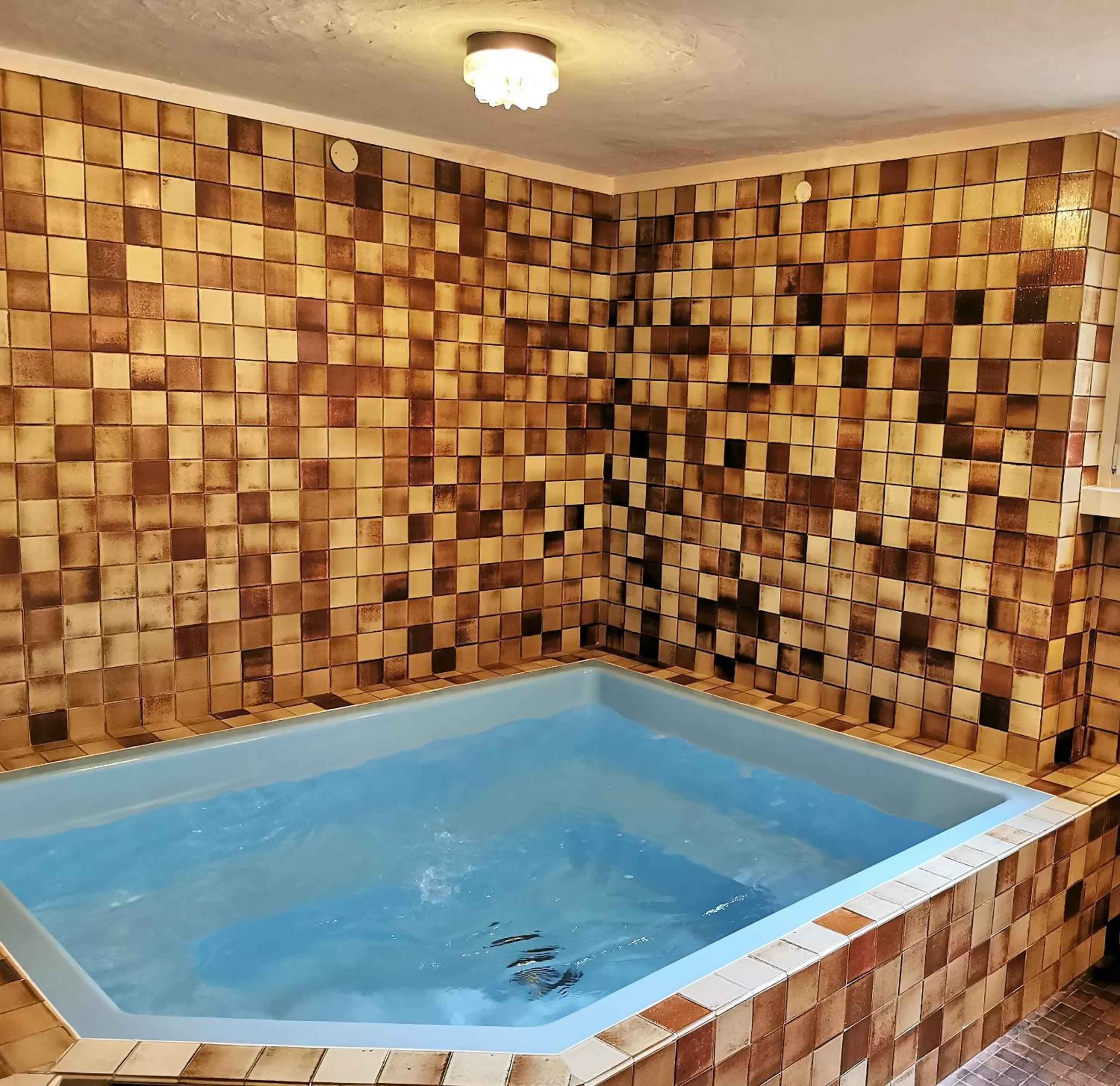 Warm mosaic tiles in honeyed tones embrace this intimate spa pool, where thermal waters beckon beneath soft overhead lighting in this subterranean wellness sanctuary.