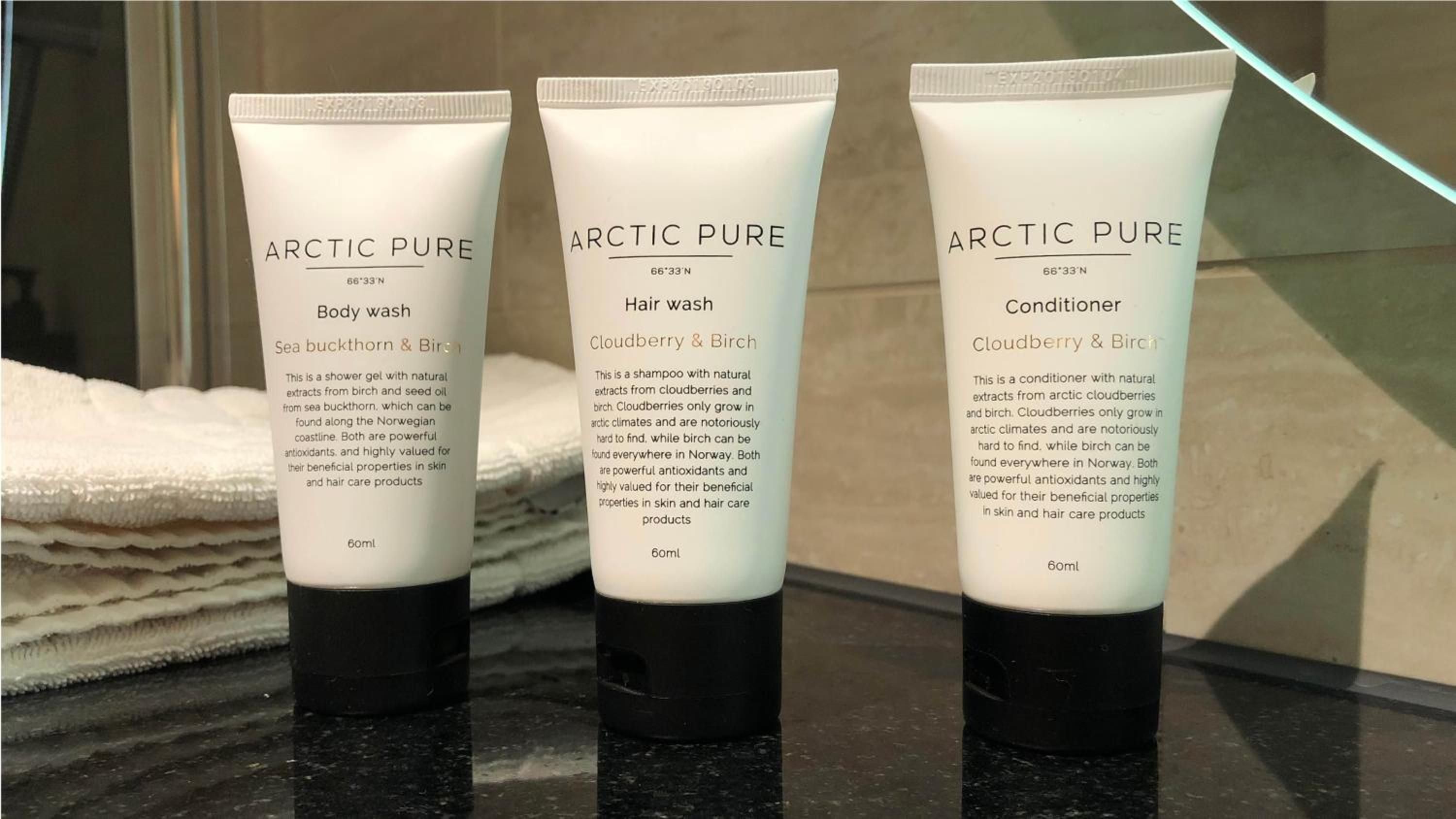 Arctic Pure amenities featuring cloudberry and birch extracts reflect Norway's natural heritage, transforming daily rituals into a connection with the pristine Nordic wilderness.