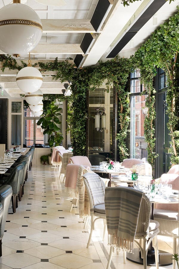 Ivy cascades down glass walls while pendant lights cast a warm glow over blush velvet banquettes in this enchanting conservatory-style dining room.