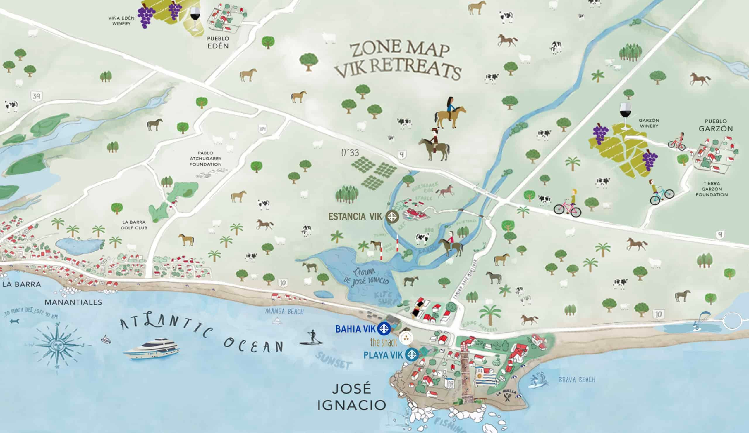 Hand-drawn maps guide guests through Uruguay's pastoral landscape, where vineyards meet Atlantic shores and horses roam freely across rolling countryside dotted with native trees.