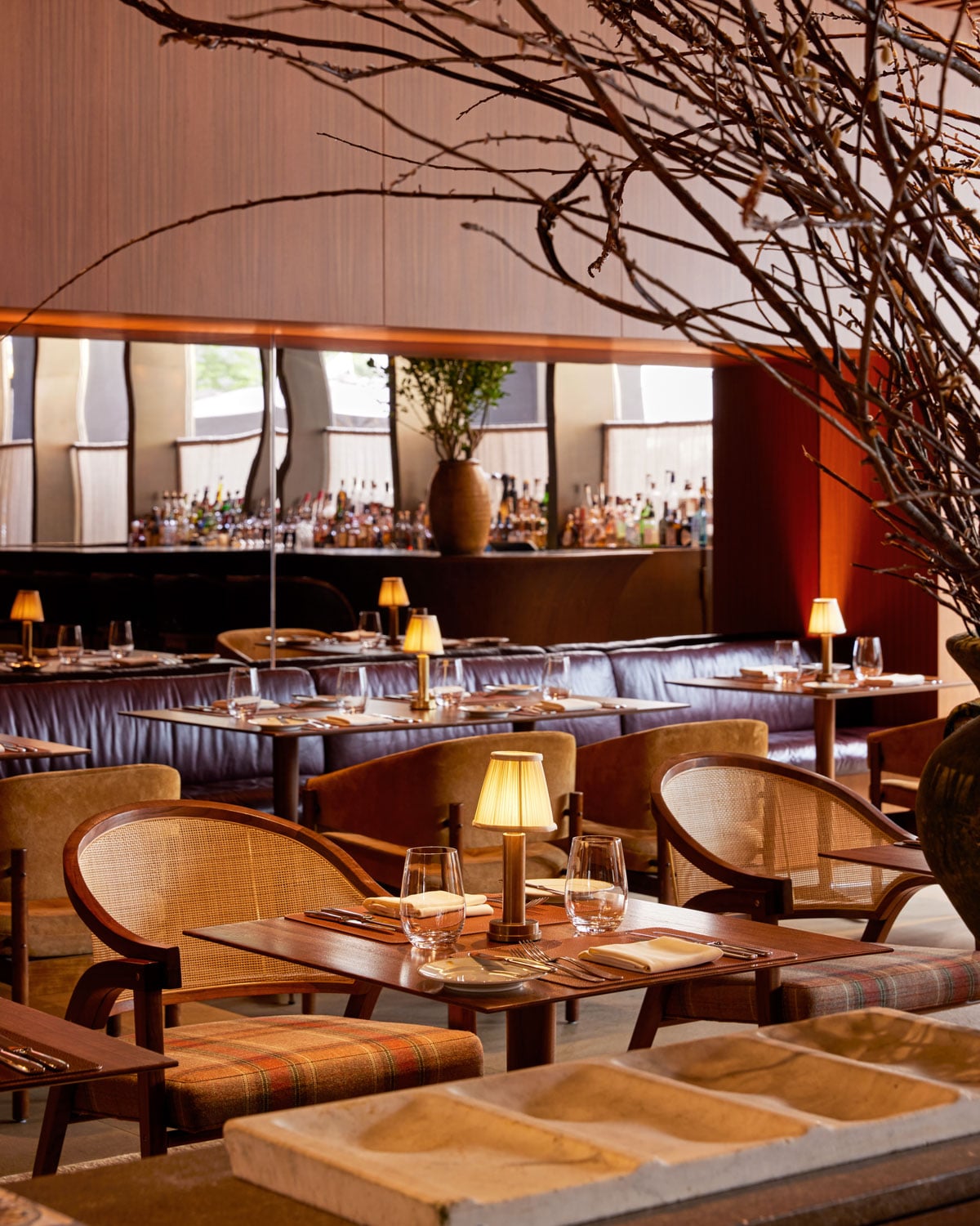Warm amber lighting and sculptural branches create an intimate dining atmosphere where cane-back chairs and rich leather banquettes invite lingering conversations over exceptional cuisine.