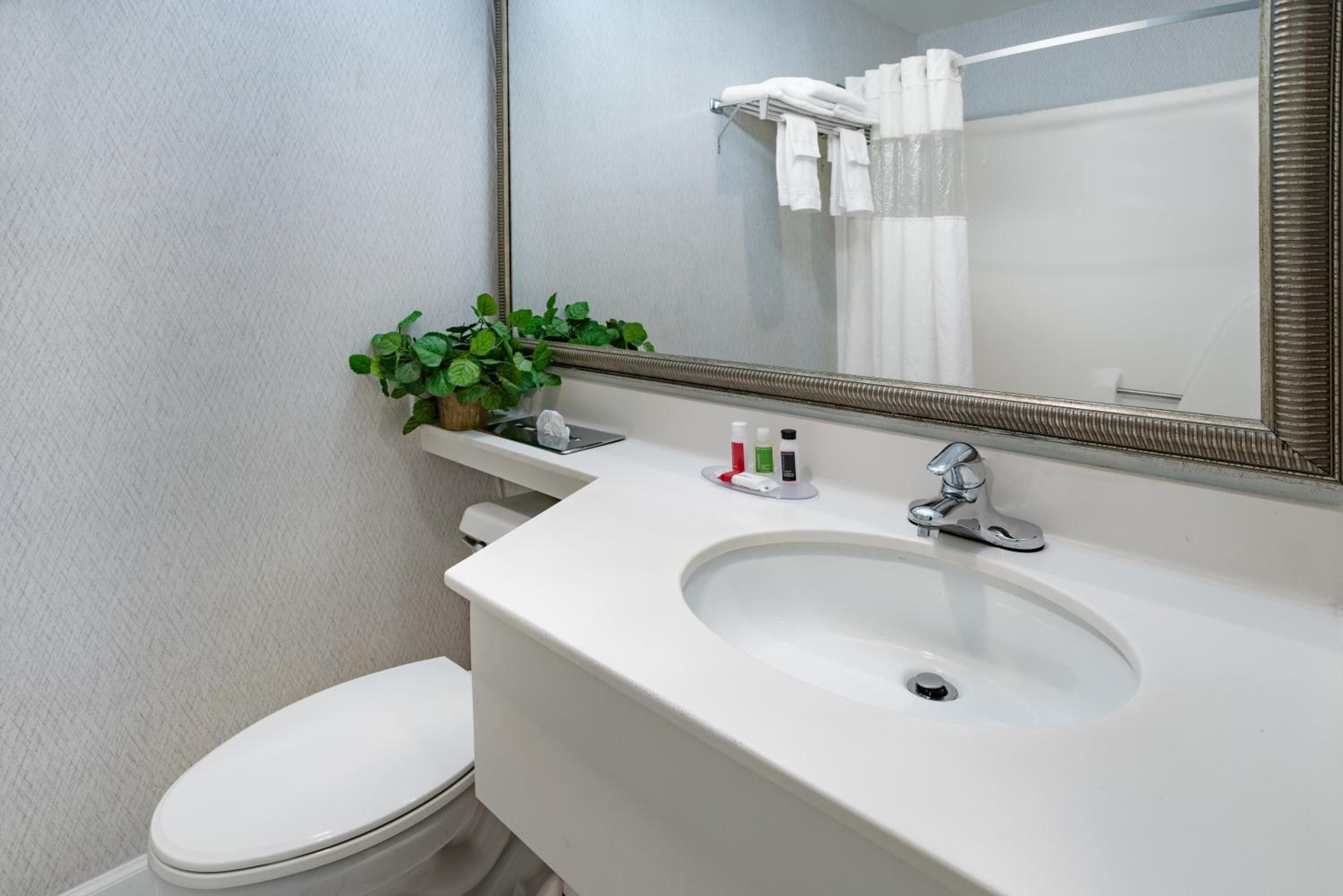 Clean lines and thoughtful touches define guest bathrooms, where crisp white surfaces meet textured wallpaper and a hint of greenery softens the modern aesthetic.