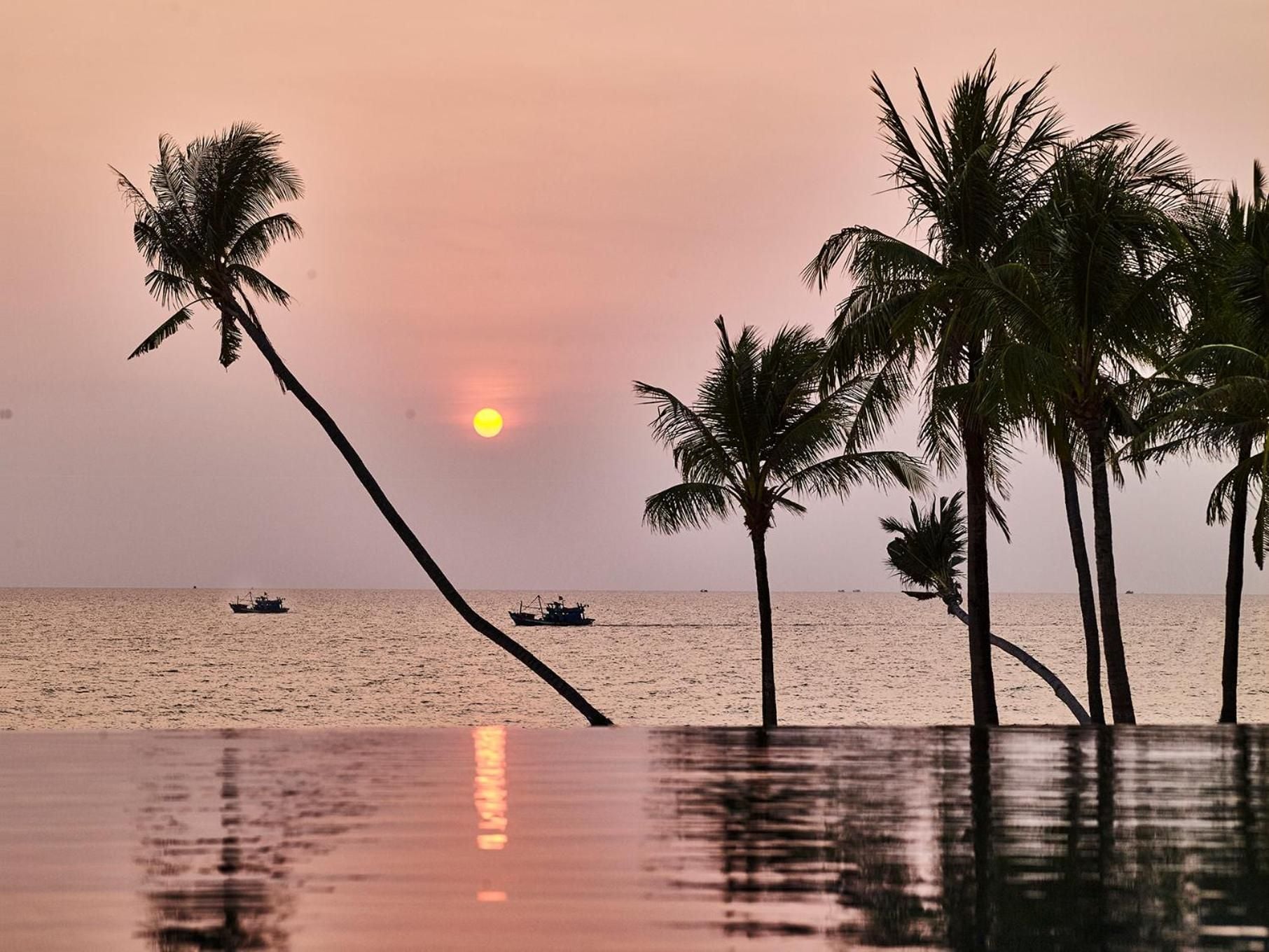 Silhouetted coconut palms frame the infinity pool as fishing boats drift across coral-pink waters, creating Phu Quoc's most romantic sunset tableau.
