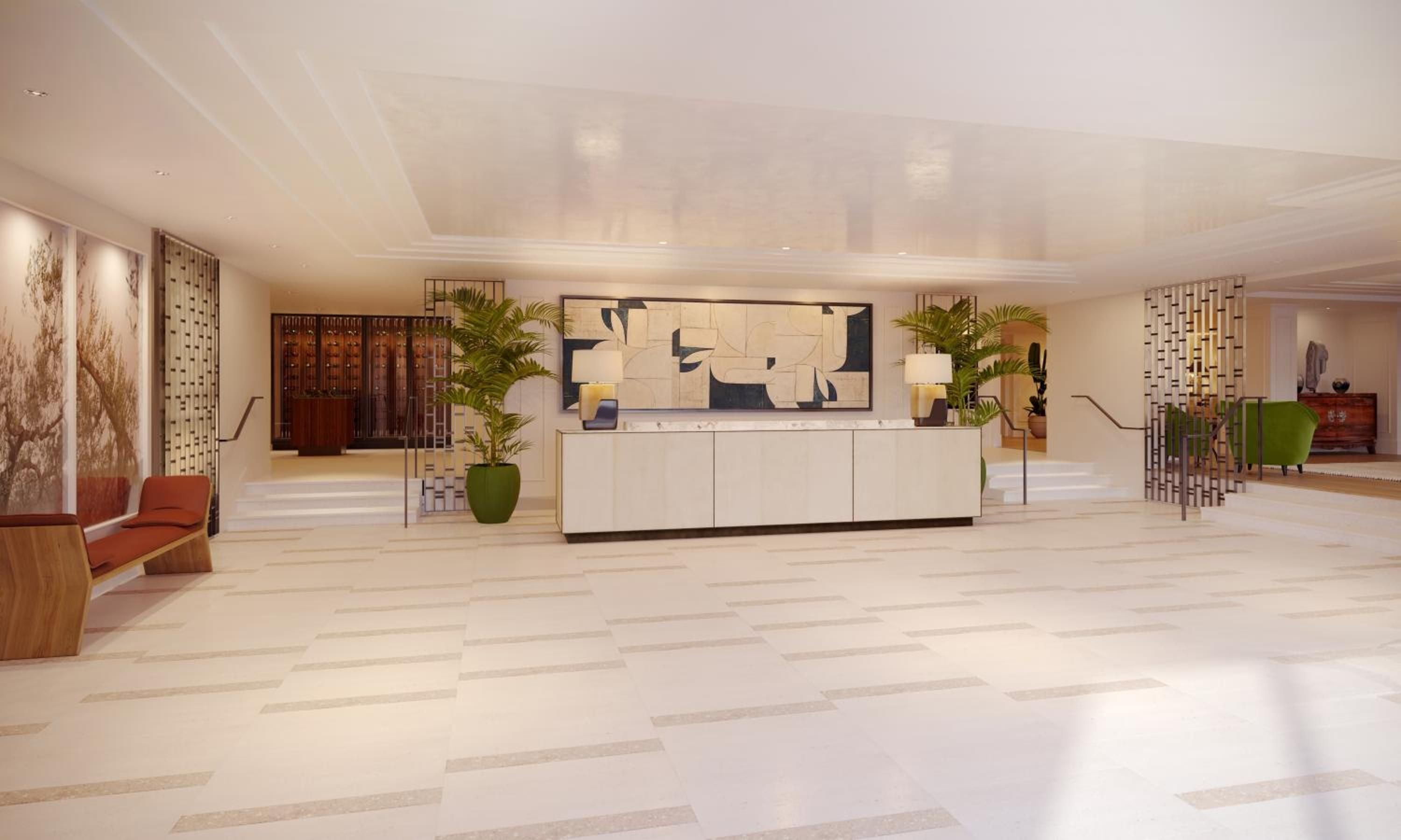 Polished marble floors reflect warm ambient lighting in this sophisticated lobby, where mid-century furnishings and verdant palms create an effortlessly elegant California sanctuary.