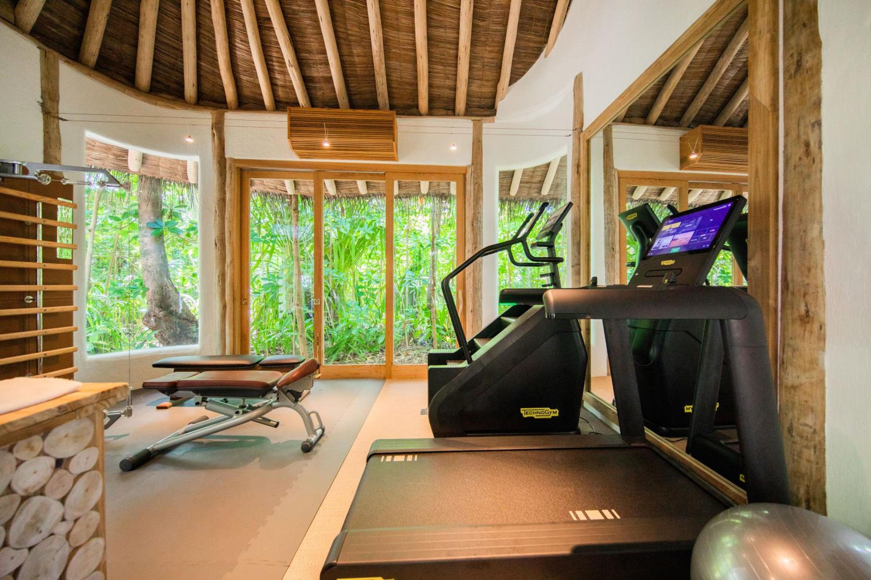 Exposed timber beams frame state-of-the-art cardio equipment in this open-air pavilion, where jungle views transform morning workouts into meditative escapes.