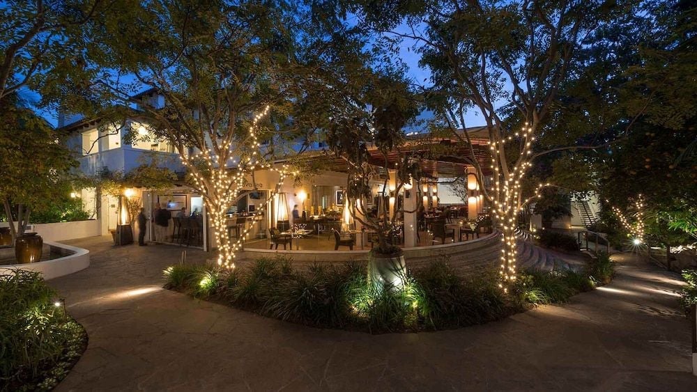 String lights wrapped around mature trees illuminate an enchanting outdoor dining pavilion, where intimate conversations unfold beneath a canopy of twinkling stars and verdant branches.