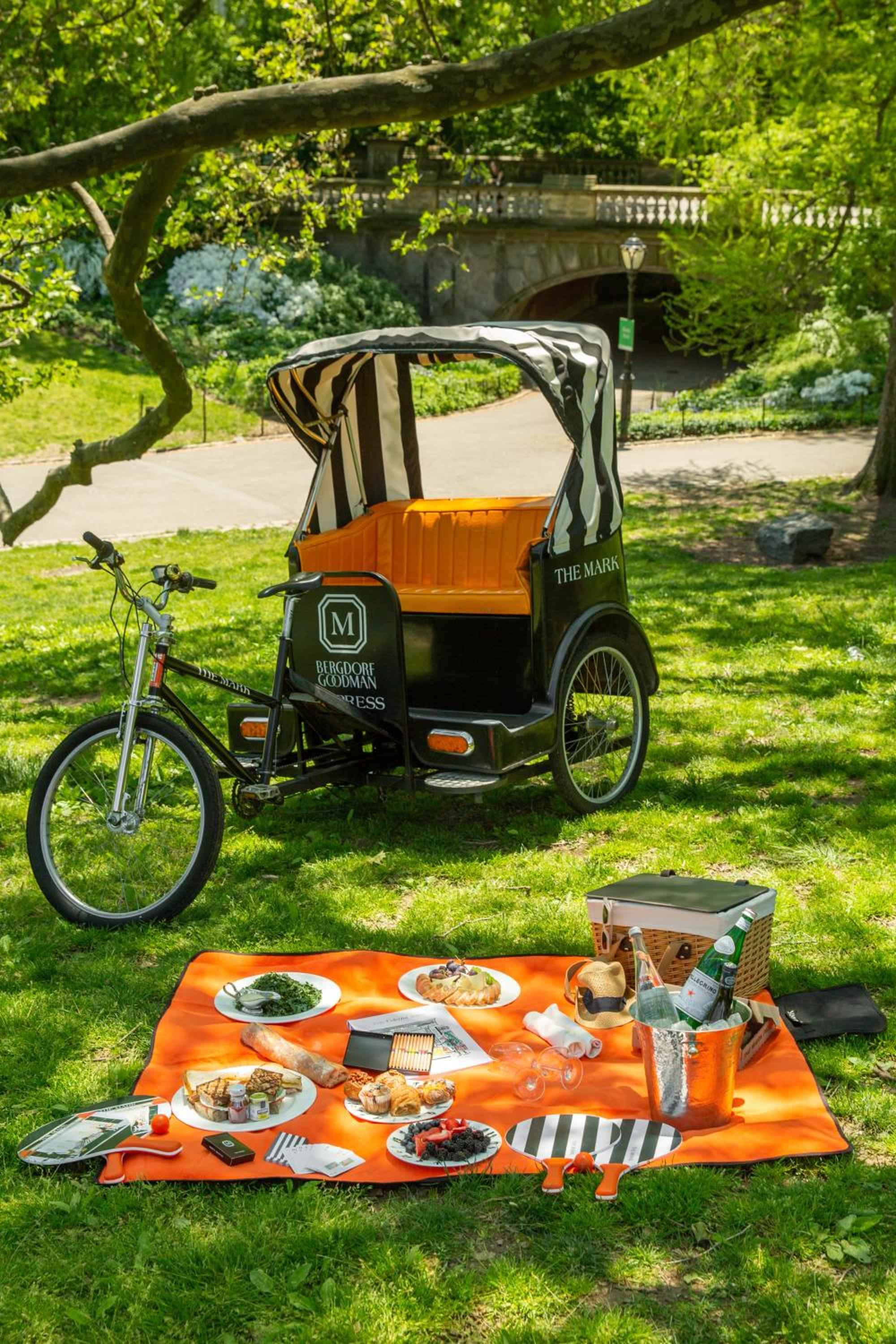 Bergdorf Goodman's signature striped rickshaw awaits beneath dappled sunlight, complete with champagne picnic spread on vibrant orange blankets in Central Park's emerald embrace.