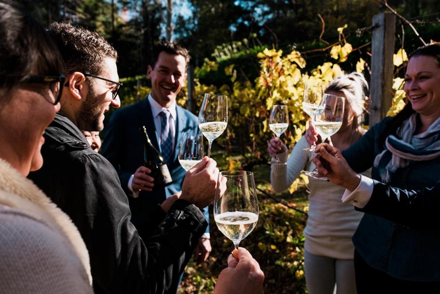 Guests raise crystal flutes of local sparkling wine beneath autumn vines, celebrating intimate moments in the estate's sun-dappled vineyard setting amid golden Adelaide Hills light.