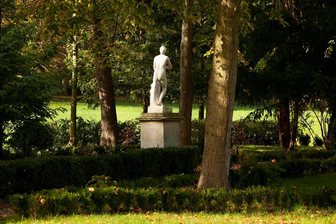 Classical sculpture emerges through dappled sunlight among mature trees and manicured hedgerows, creating an enchanting tableau of French formal garden artistry.