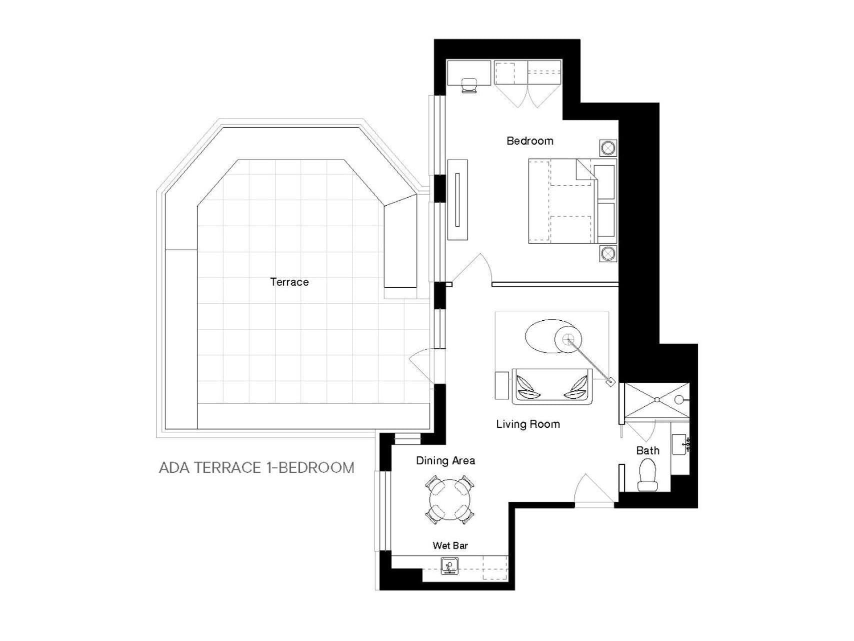 Thoughtfully designed one-bedroom suite layout showcases smart urban living with expansive terrace space, efficient wet bar, and seamless flow from living areas to private outdoor sanctuary.
