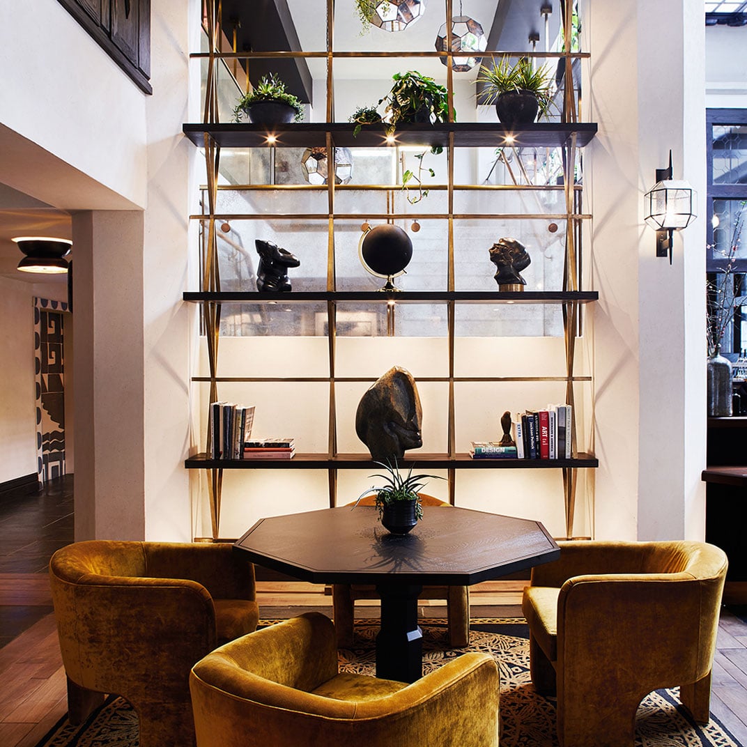 Golden velvet chairs gather around a geometric table beneath towering brass shelving, where succulents and sculptural objects catch filtered light in this sophisticated gathering space.
