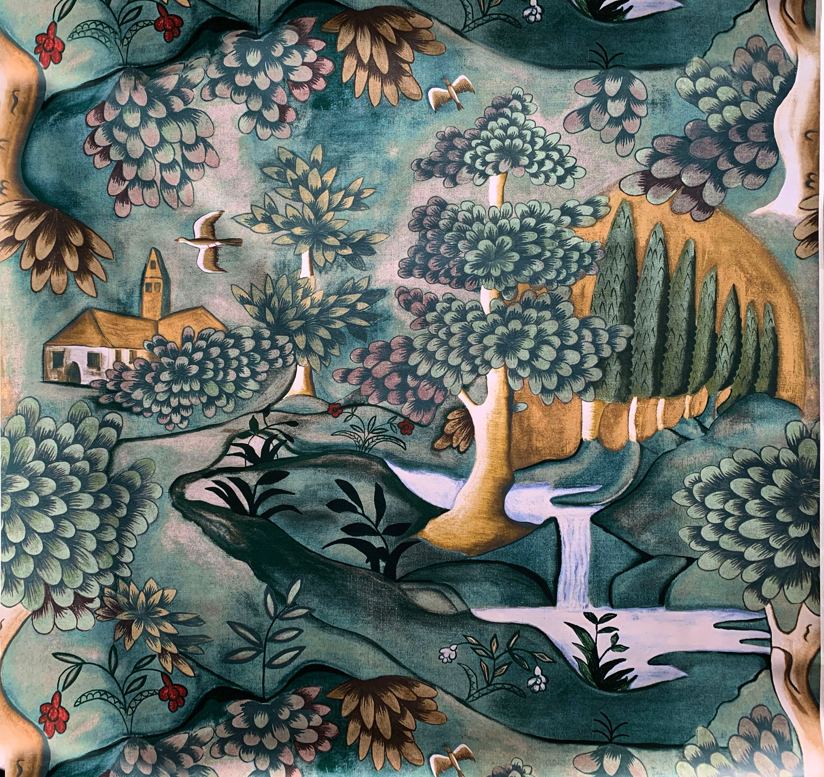 Hand-painted pastoral scenes bloom across luxurious fabric, where whimsical villages nestle among flowering trees and rolling hills in this exquisite decorative detail.
