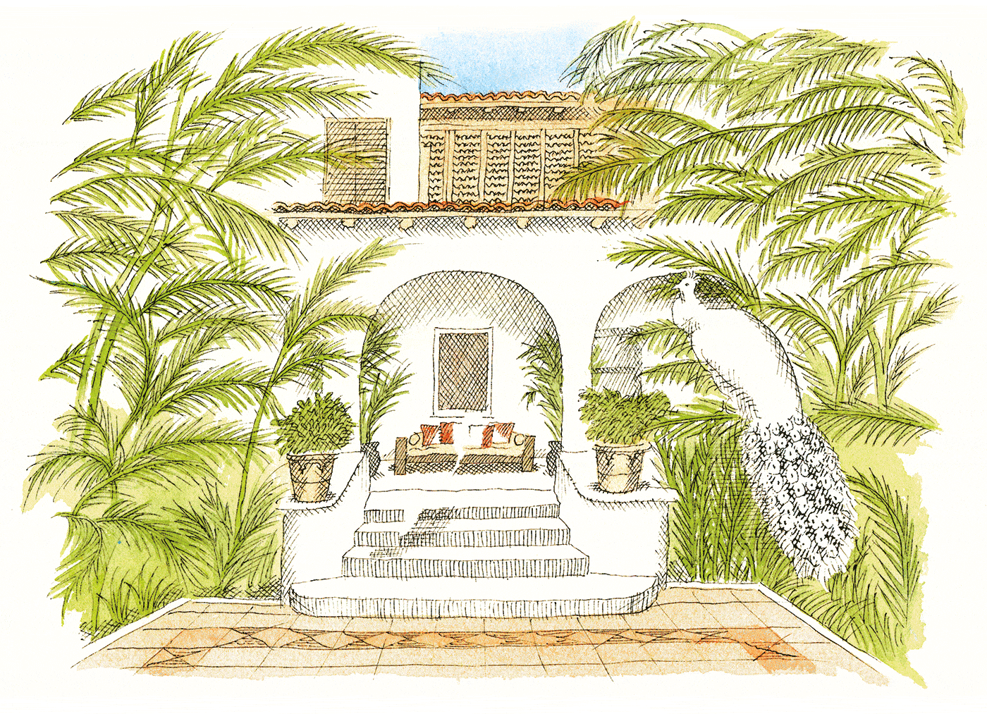 Stone steps curve through swaying palms toward weathered colonial arches, where terracotta tiles and whitewashed walls whisper of Mexico's coastal elegance.