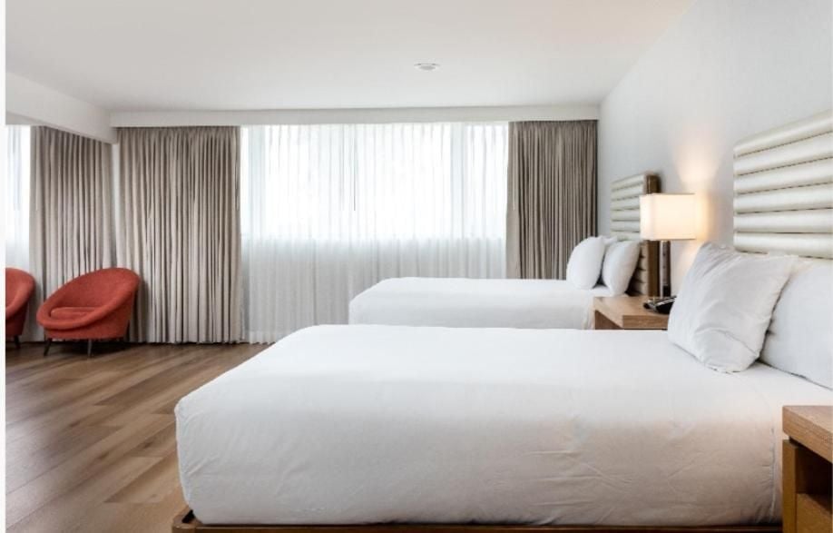 Crisp white linens meet warm wood floors in this sophisticated double room, where coral accent chairs and soft natural light create an inviting urban retreat.