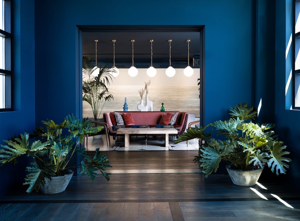 Sapphire walls frame a sun-drenched seating nook where chain-link pendant lights cast geometric shadows over rust-colored velvet and sculptural palms in weathered planters.