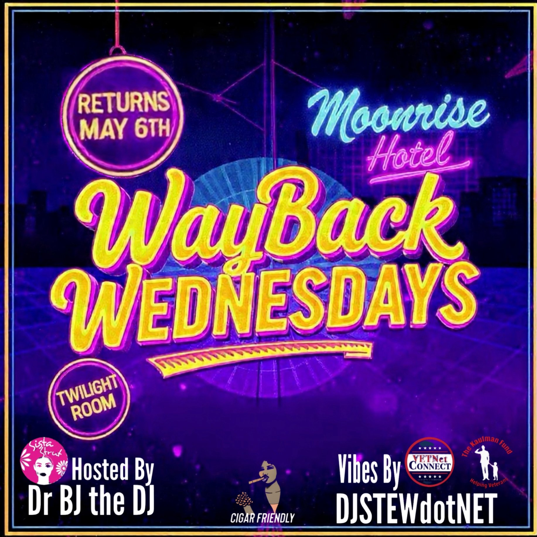 Neon-soaked nostalgia pulses through this retro-futuristic promotional design, channeling 1980s nightlife energy with vibrant purples and electric blues that mirror the hotel's contemporary aesthetic.