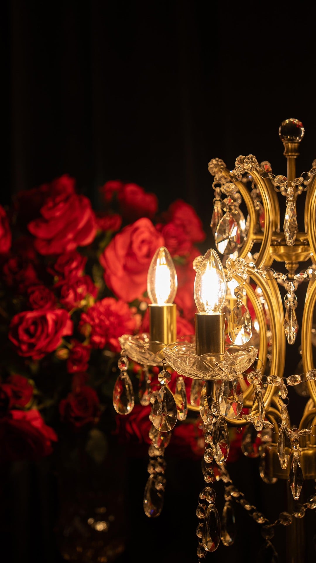 Golden light cascades through crystal prisms while crimson roses blur softly in the background, creating an intimate tableau of old-world elegance and romance.