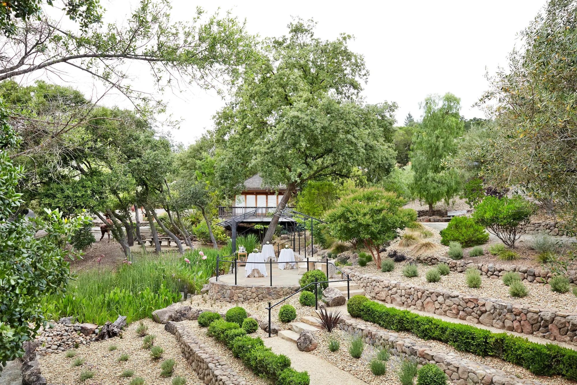 Stone-lined pathways wind through terraced gardens dotted with native grasses and sculptural succulents, creating intimate pockets for contemplation beneath towering oaks.