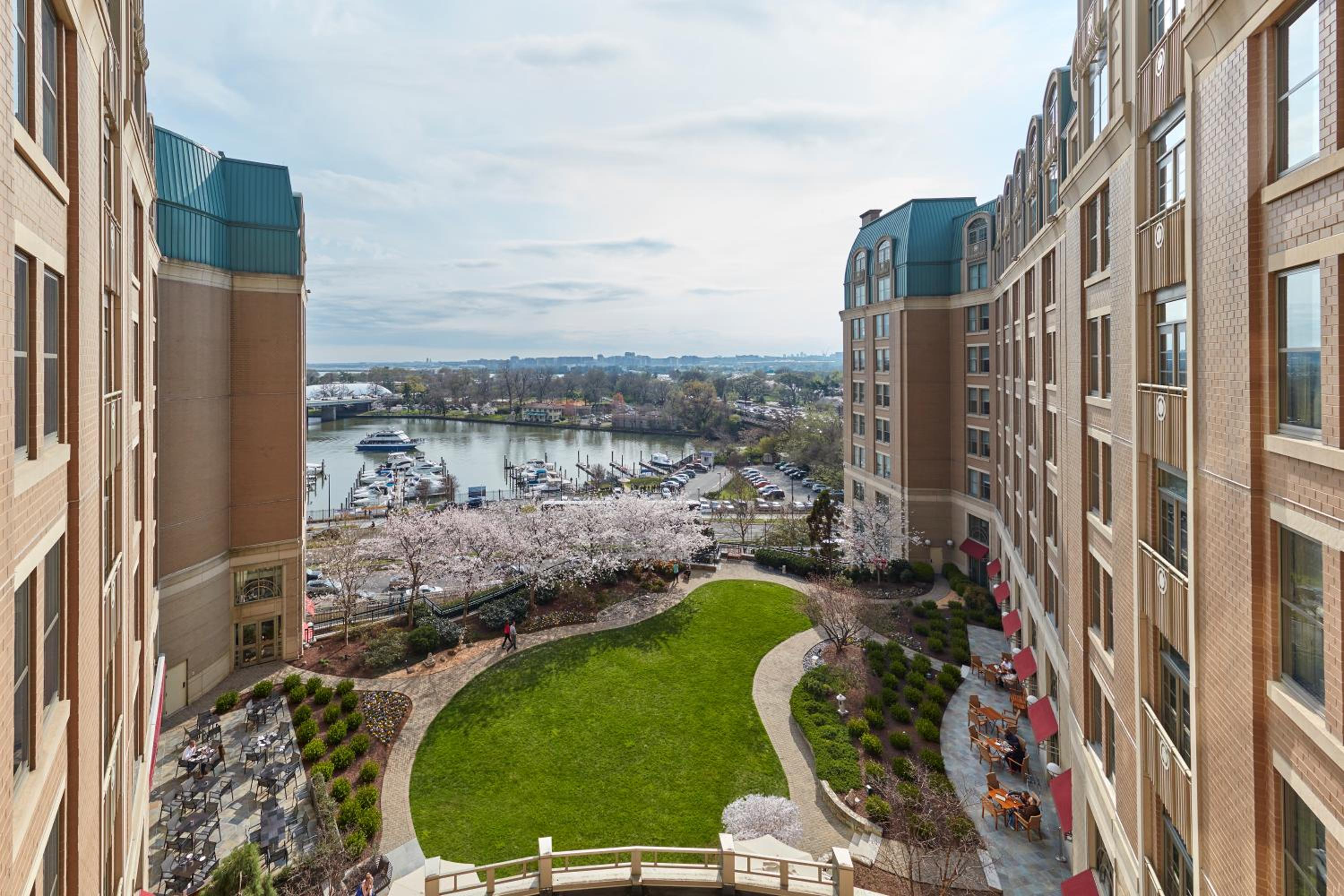 Spring cherry blossoms frame the manicured courtyard garden, while Alexandria's marina sparkles beyond the hotel's elegant brick facades and distinctive copper-green rooflines.