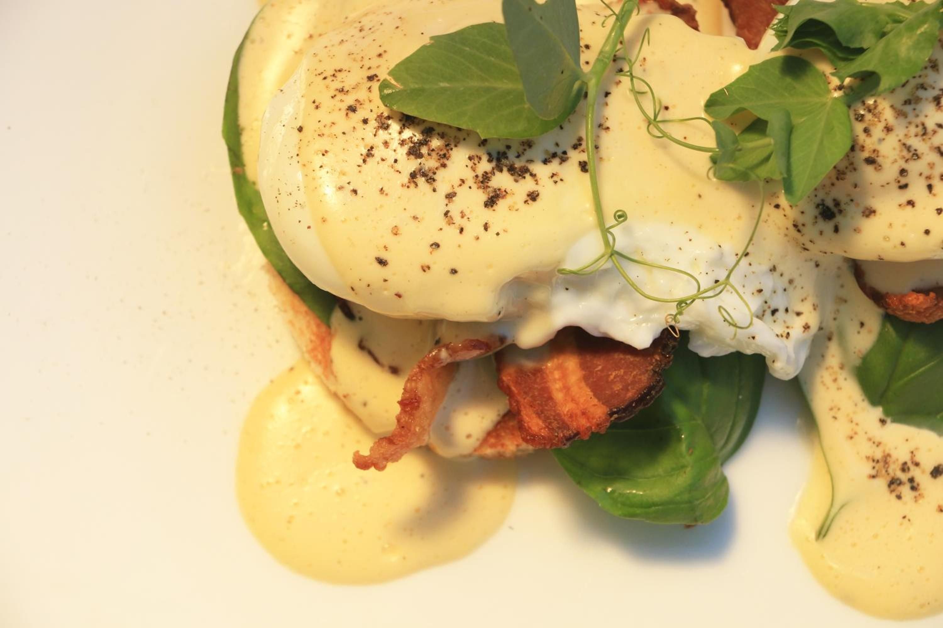 Perfectly poached eggs crown crispy bacon and fresh spinach, drizzled with silky hollandaise and finished with aromatic microgreens and cracked pepper.
