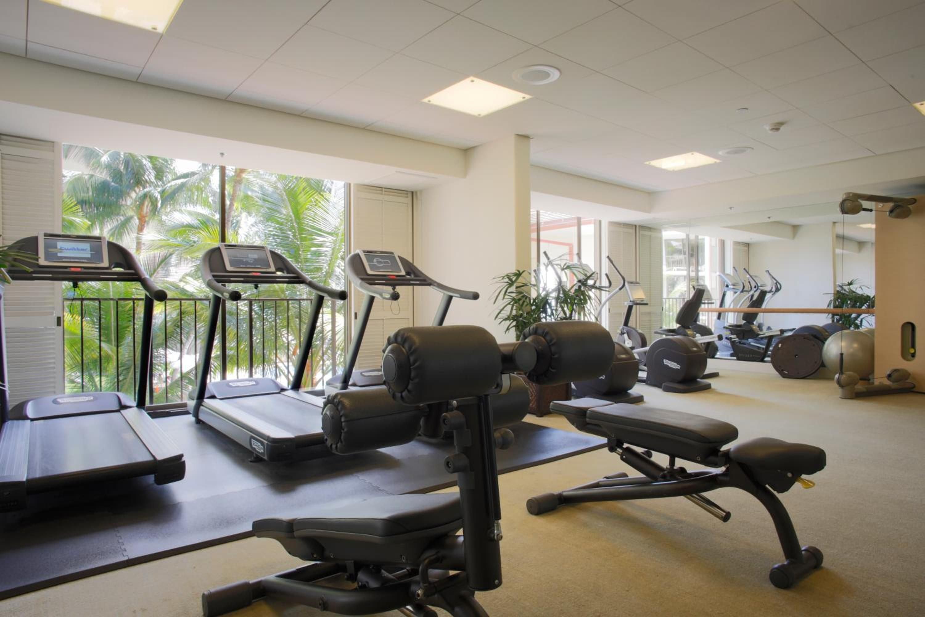 Floor-to-ceiling windows frame swaying palms as modern cardio equipment and sleek weight benches create an inspiring workout space with tropical Waikiki views.