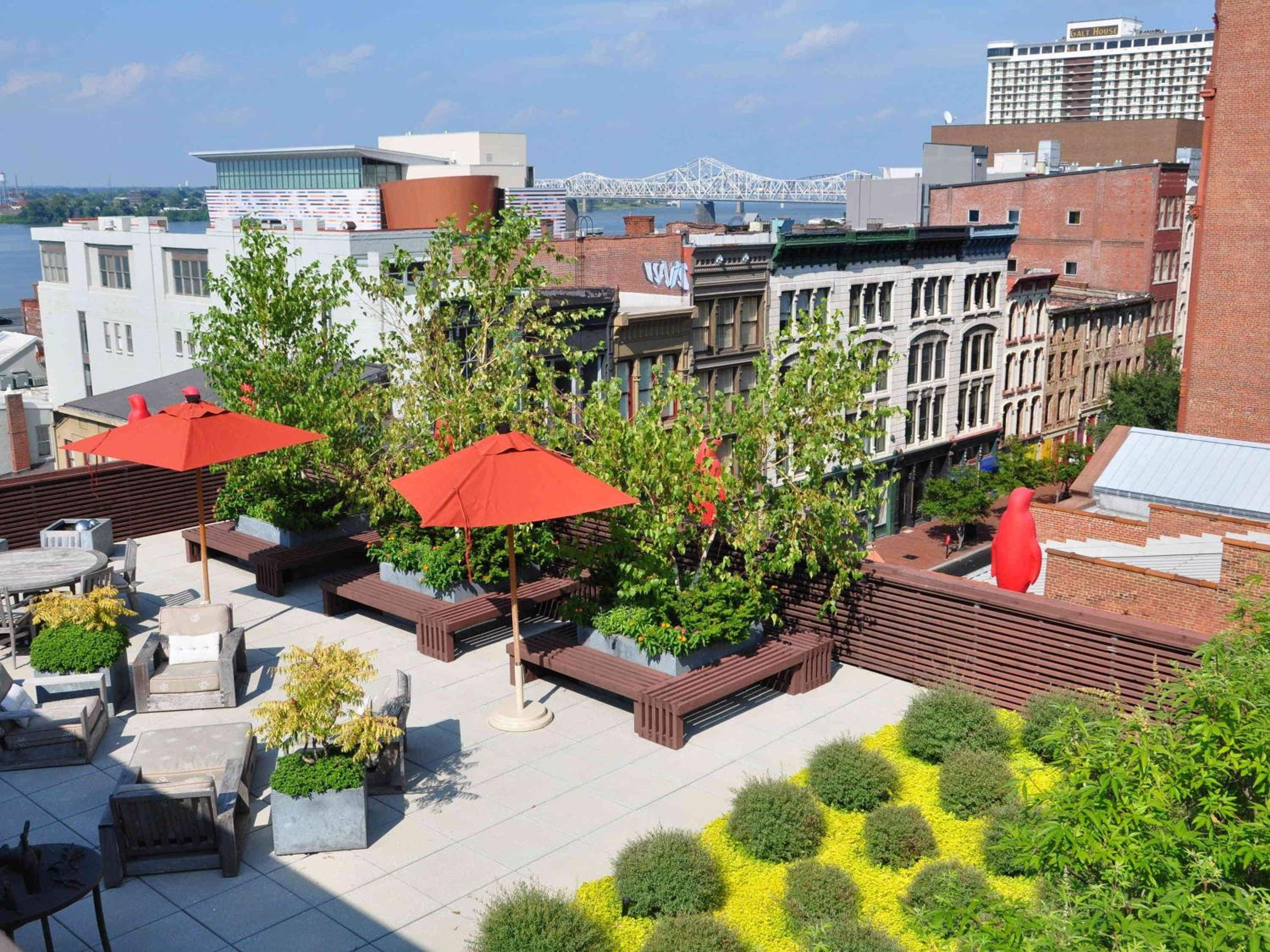 Red umbrellas and contemporary planters create an urban oasis above downtown Louisville, where modern rooftop design meets Kentucky's historic brick facades and riverside skyline.
