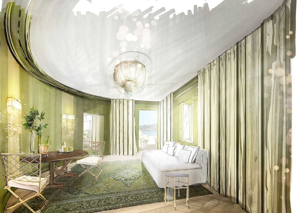 Sage-green walls and billowing curtains create an ethereal sanctuary where crystal chandeliers cast dancing shadows across plush furnishings and ornate ceiling medallions.
