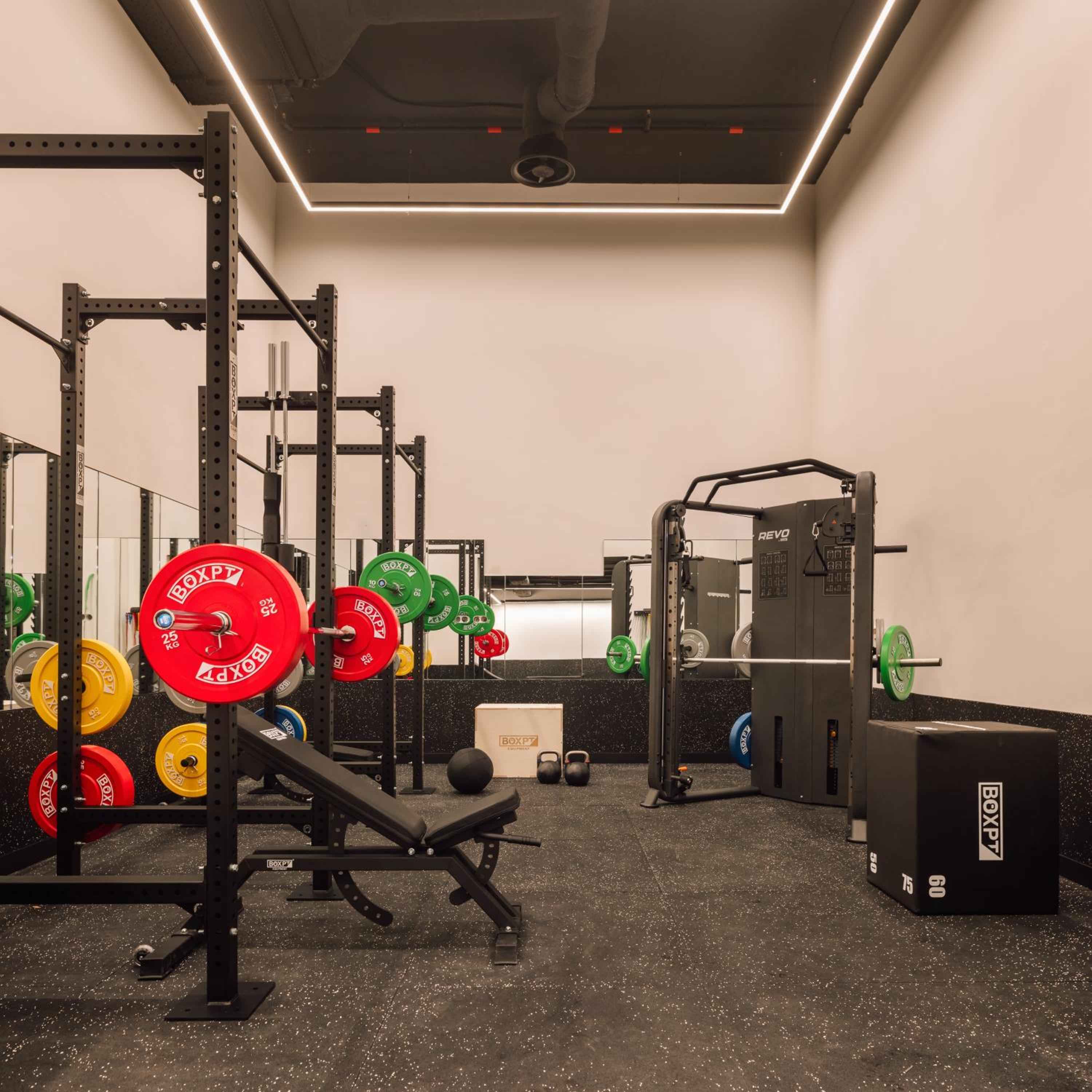State-of-the-art equipment and dramatic ceiling lighting transform workouts into elevated experiences within this sleek, professionally-appointed fitness center featuring colorful Olympic plates and premium machines.