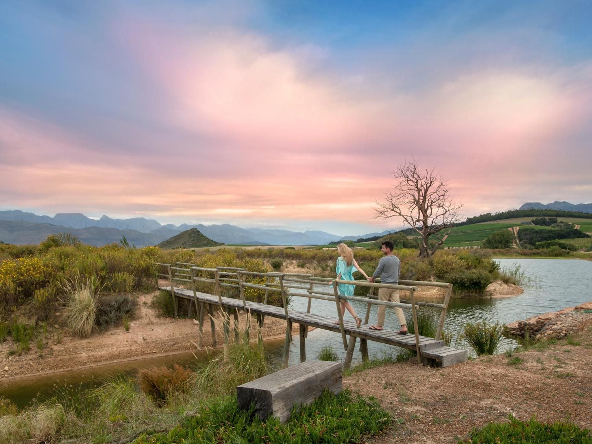 Guests stroll across weathered wooden boardwalks as sunset paints the Franschhoek Valley in rose and lavender hues, mountains rising beyond vineyard-dotted hills.