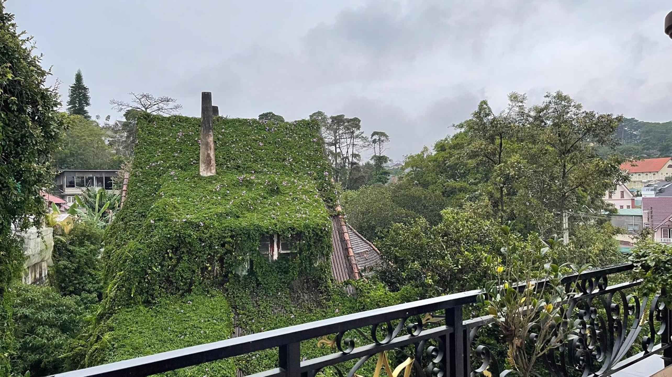 Lush tropical vegetation reclaims abandoned structures beyond the villa's wrought-iron balcony, creating an unexpectedly romantic jungle tableau under moody Caribbean skies.