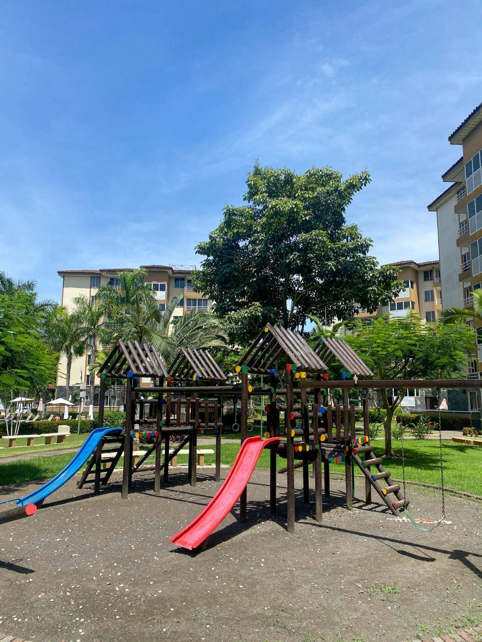 Colorful playground equipment sits beneath towering palms and a brilliant blue sky, creating a family-friendly oasis within the hotel's landscaped grounds.