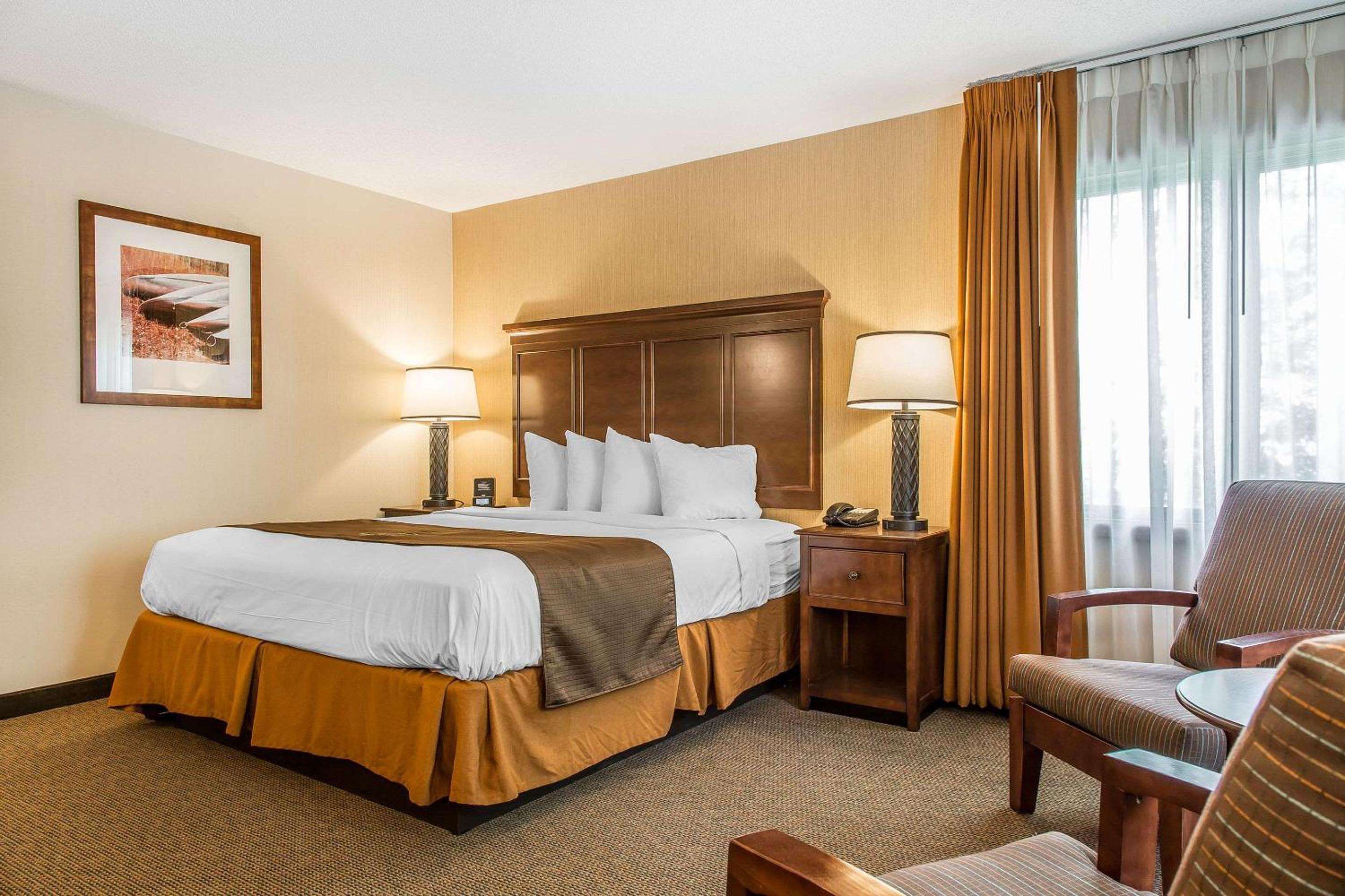 Warm amber curtains filter afternoon light across crisp white linens and rich wood furnishings, creating an inviting retreat with classic American elegance.