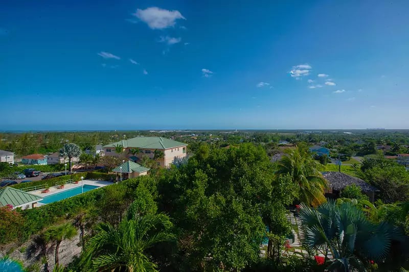 Lush tropical canopy frames this elevated perspective of the property, where turquoise pools peek through verdant palms under endless Caribbean skies.