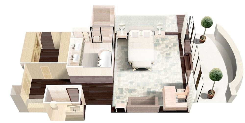 Sophisticated spatial design reveals itself in this aerial view, where warm wood tones and marble surfaces create an intimate yet expansive suite layout with private balcony access.