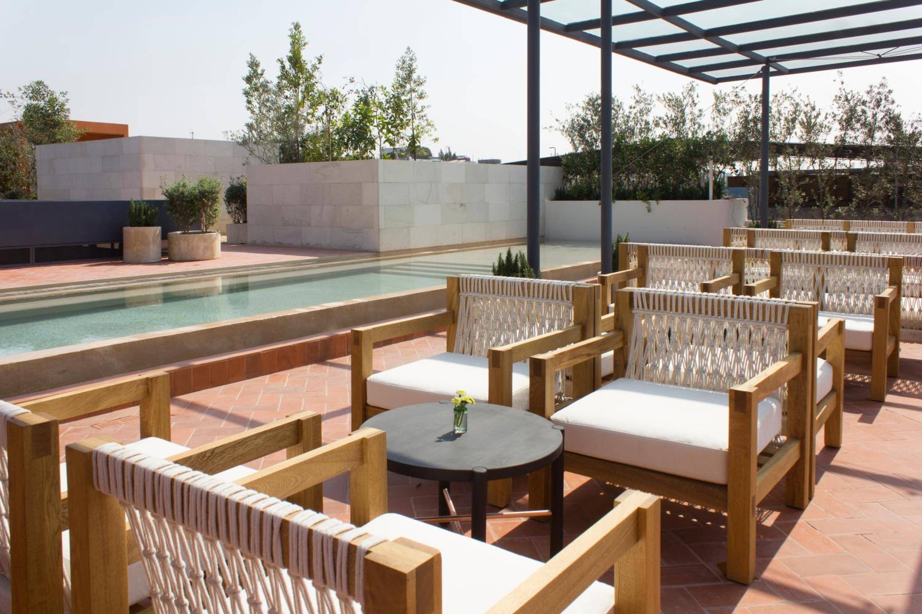 Handwoven rope chairs frame the rooftop pool terrace, where warm terracotta tiles and concrete walls create intimate conversation nooks beneath dappled afternoon light.