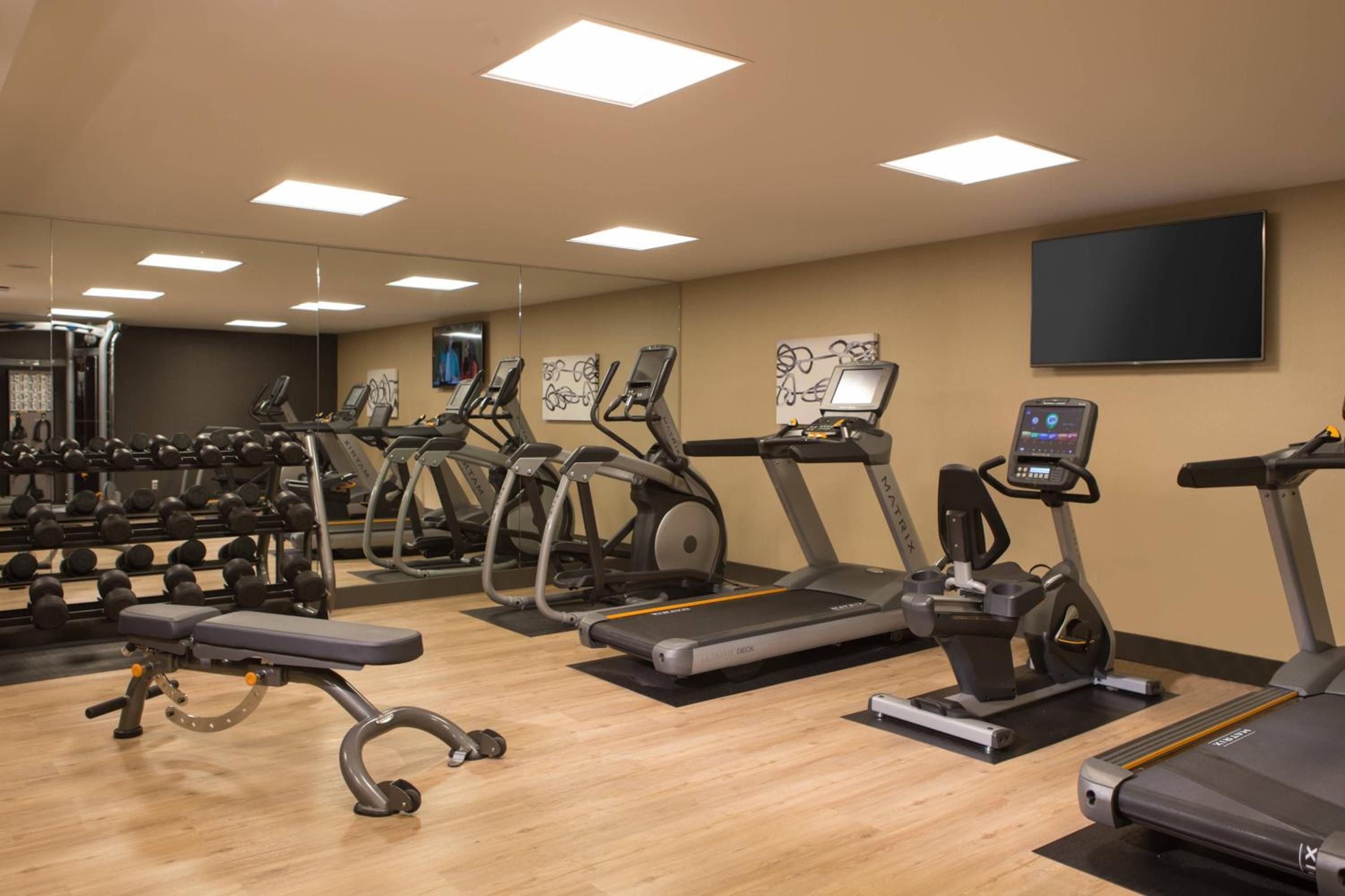 Natural wood floors warm the modern fitness center, where Matrix cardio equipment faces artistic wall panels beneath soft recessed lighting—a surprisingly inviting space for morning workouts.