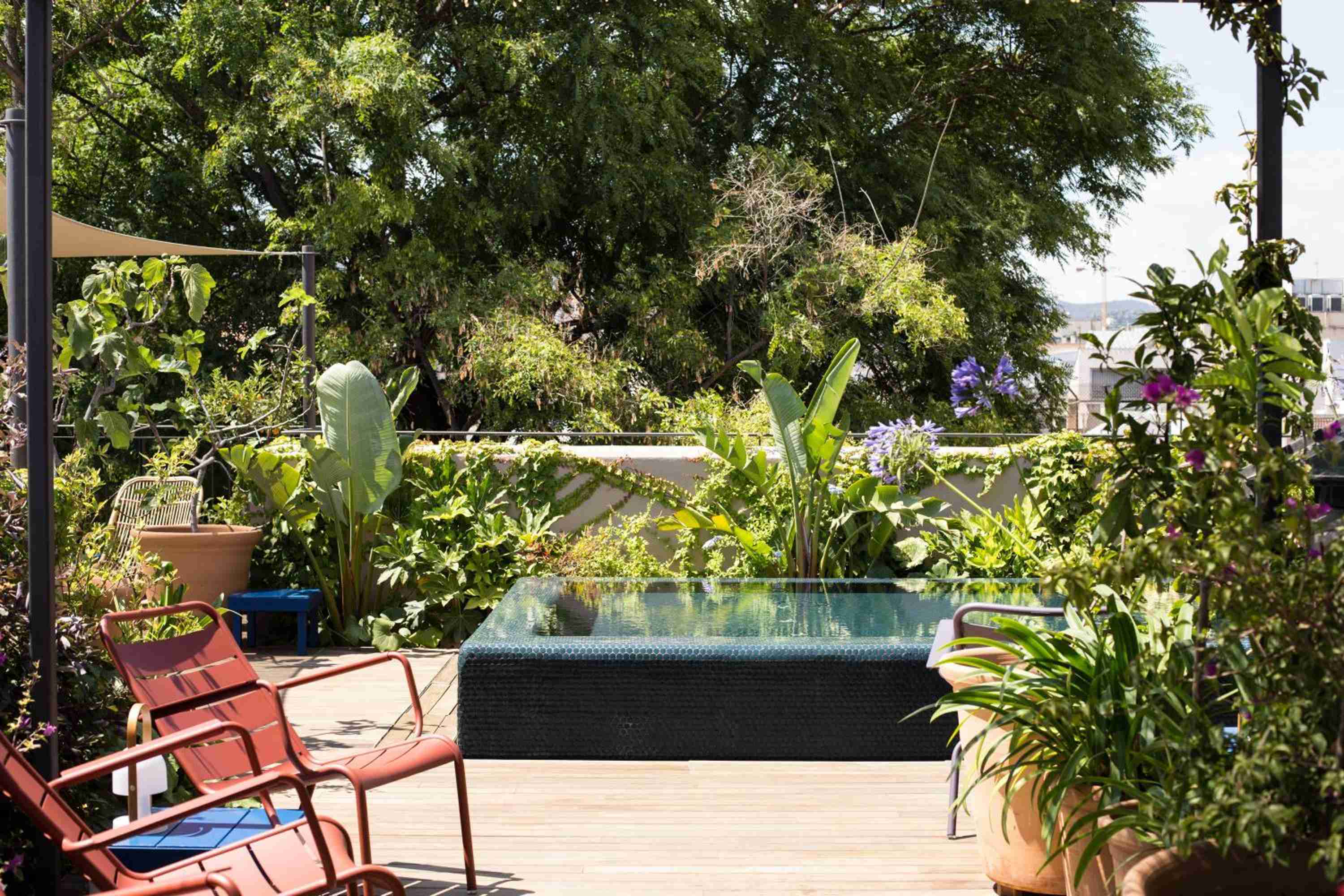 Coral-hued lounge chairs frame an intimate rooftop pool where tropical plantings and purple blooms create a verdant Barcelona sanctuary above the bustling Gothic Quarter.