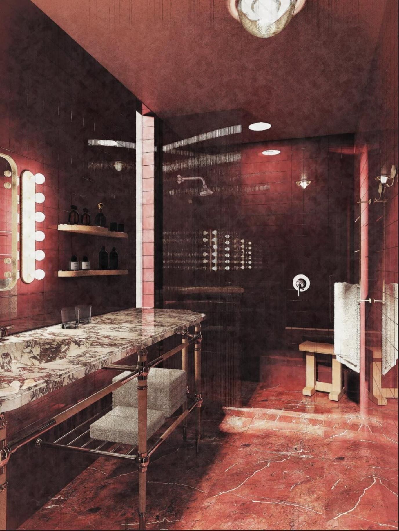 Rich terracotta tiles and marble vanities create an intimate spa-like sanctuary, where warm lighting reflects off sleek surfaces and artisanal fixtures invite lingering.