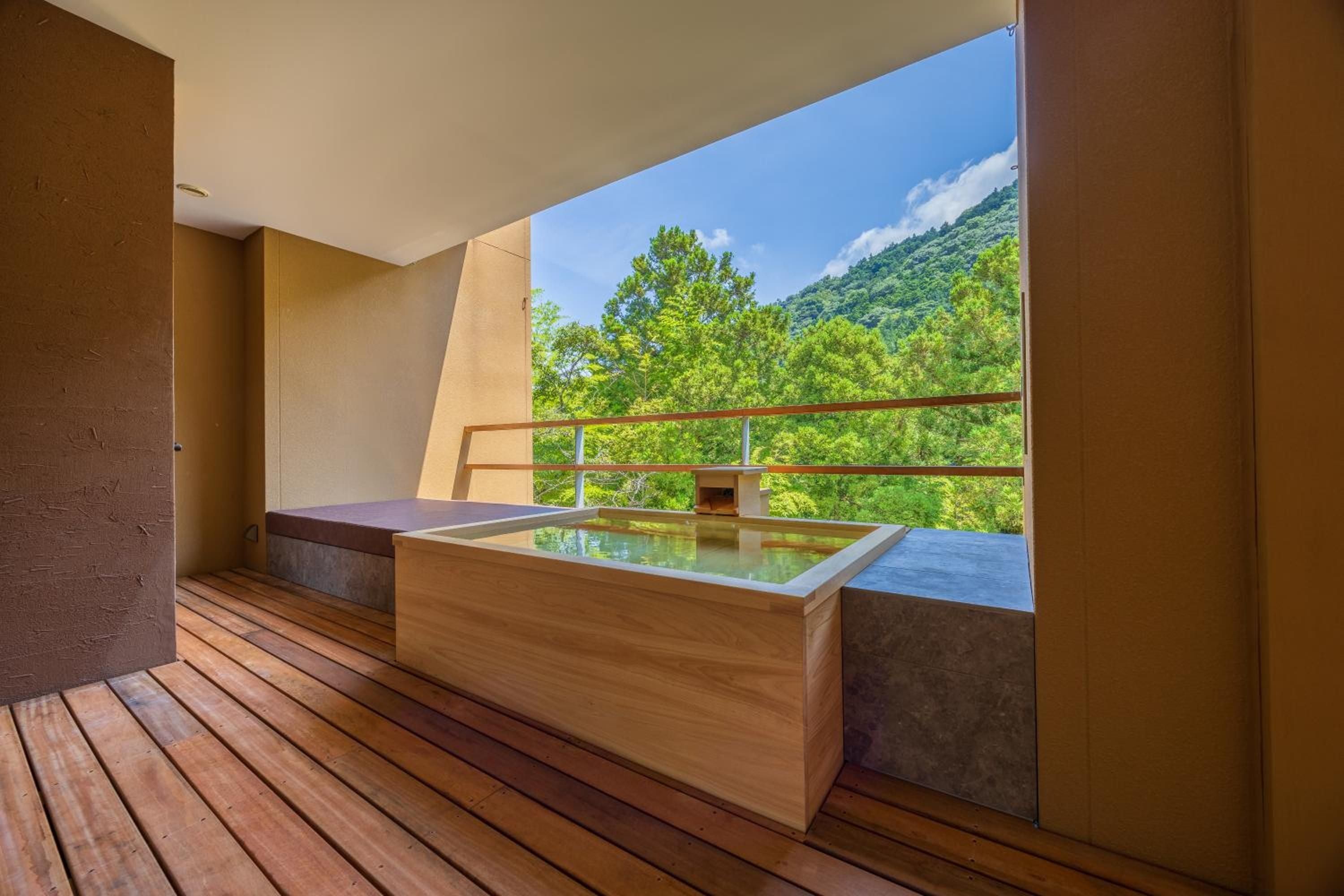 Warm cypress wood frames this intimate onsen bath, where mineral-rich waters reflect the verdant Hakone mountains beyond the terrace railing.