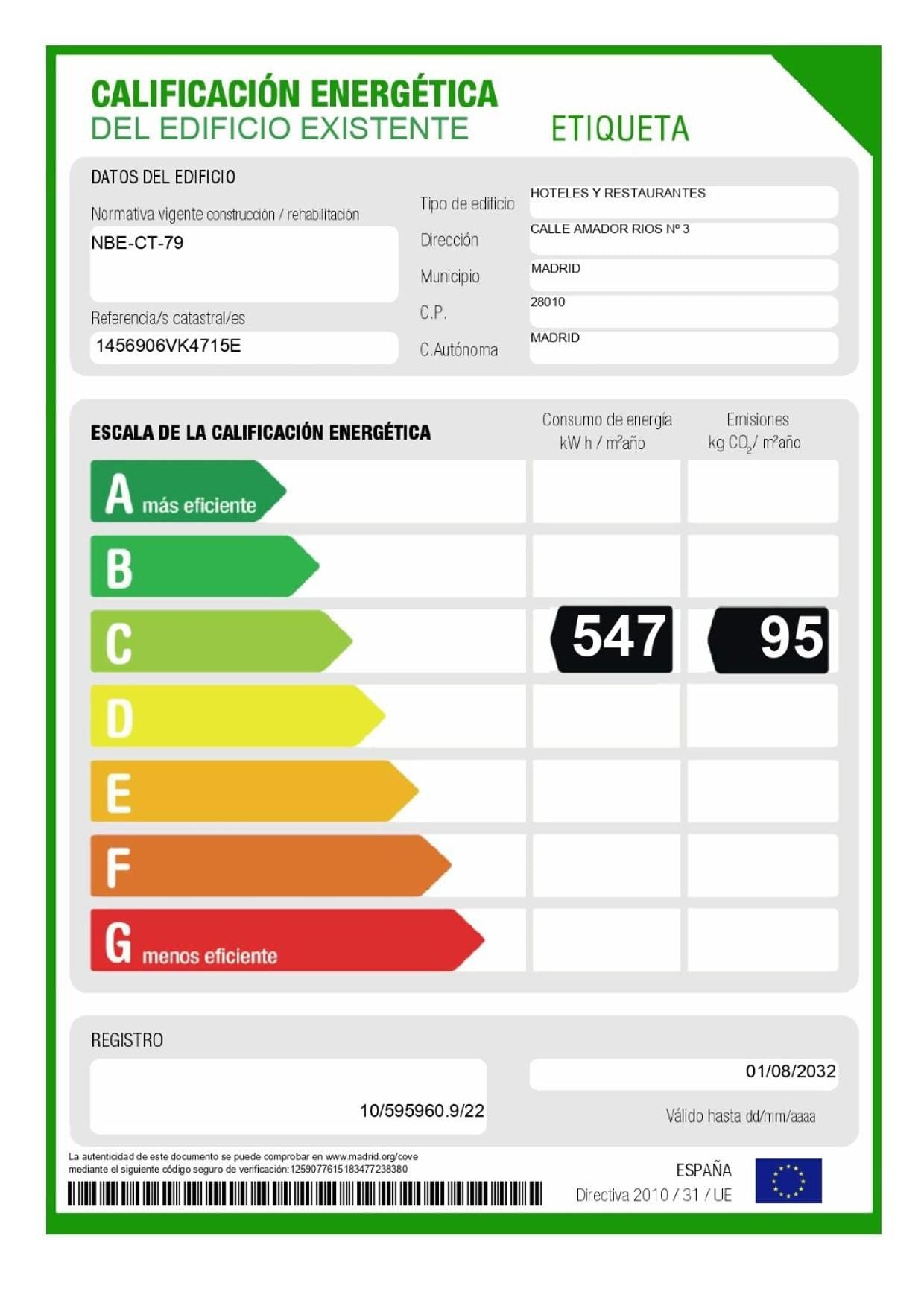 Spain's energy efficiency ratings reveal Casa Almagro's commitment to sustainability, with its C-grade classification reflecting modern environmental standards in Madrid's hospitality sector.